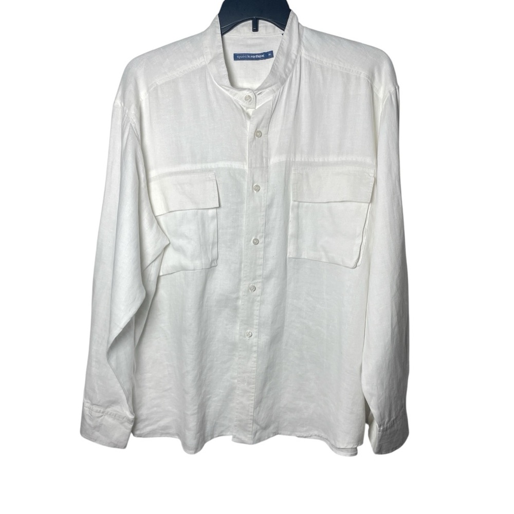 Quickreflex Men’s XL 100% Linen White Button Down Shirt Utility Pockets Resort